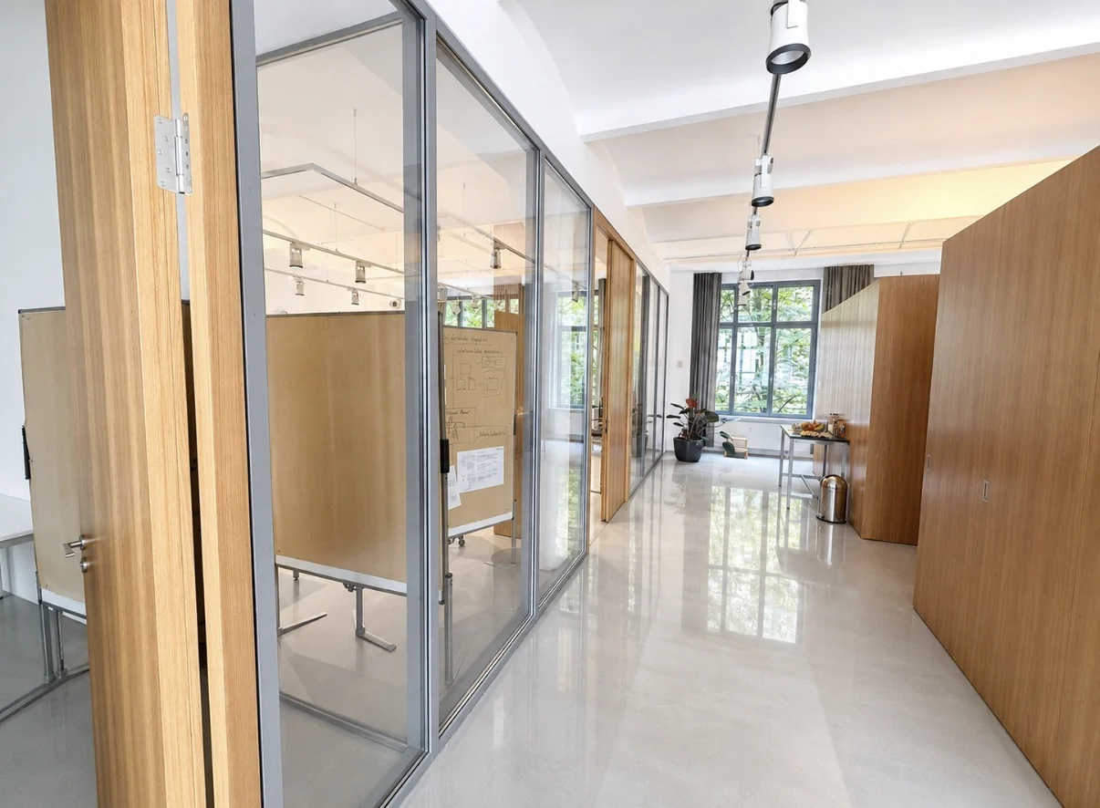 Bright office interior with meeting rooms and glass surfaces